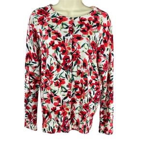 Lands’ End Womens Red Floral Cardigan Sweater